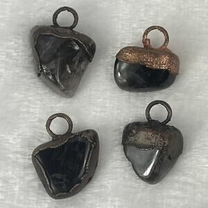 Lot 4 Electroformed Tumbled Stone Pendants Raw Black Crystal Copper Loop 1"